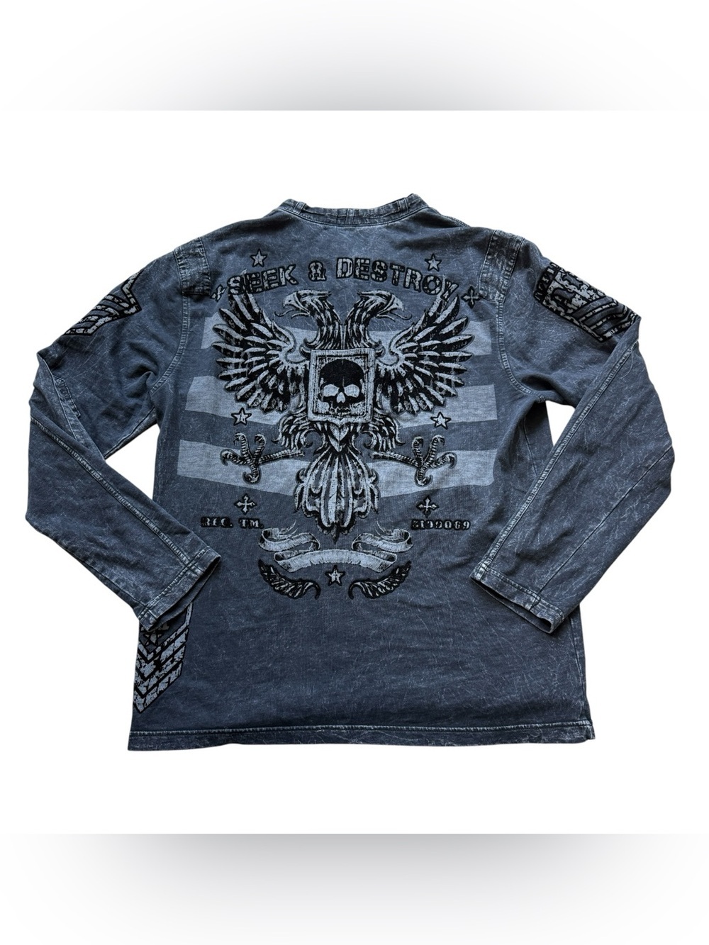Affliction Live Fast Gray Acid Wash Skull Eagle Henley Long Sleeve Shirt XL Mens